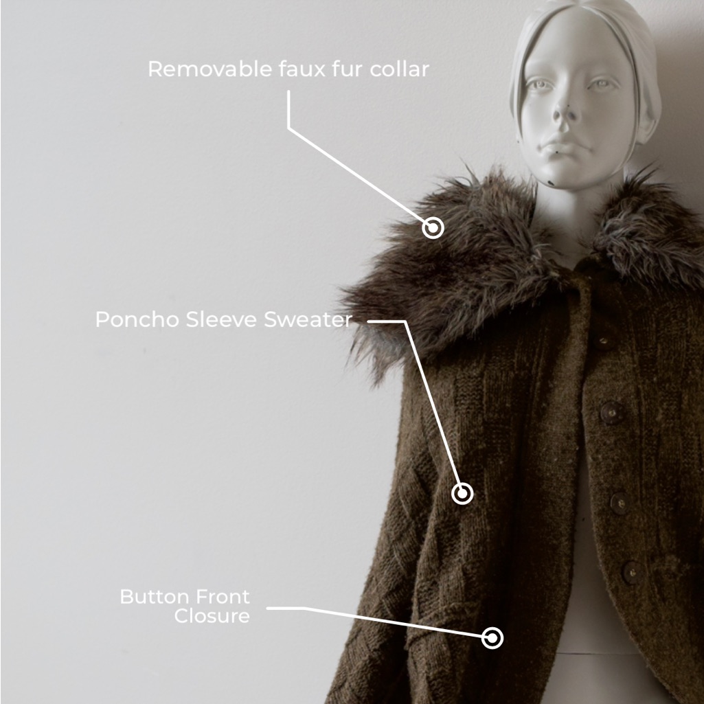 Faux Fur Poncho Sweater With Cape Sleeve And Button Front Closure - Small (S)